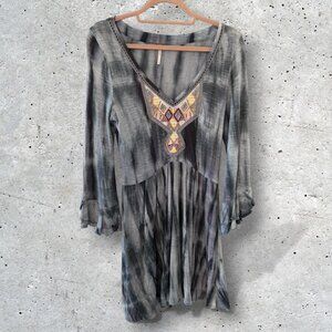 FREE PEOPLE TIE DYE RAYON JERSEY EMBROIDERED DRESS